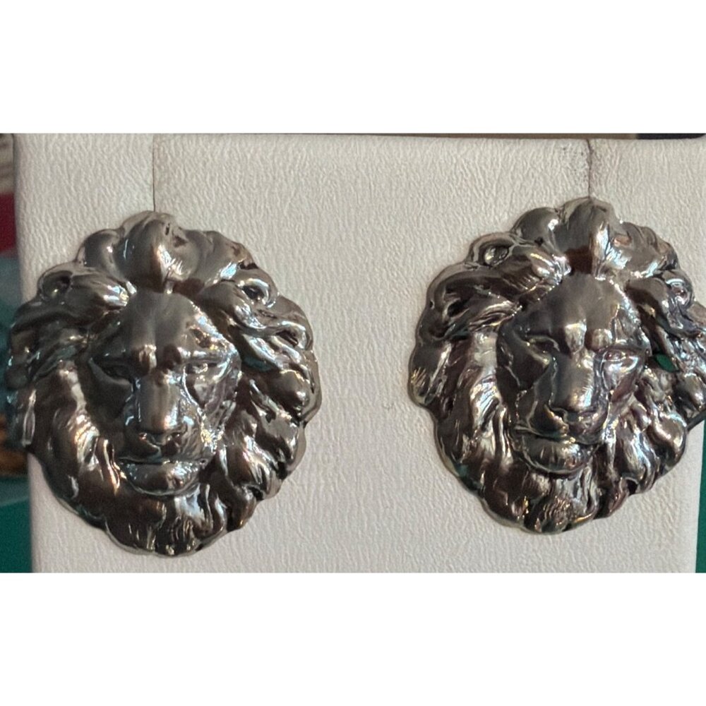 Vintage Silver Tone Pierced Lion Head Earrings Textured 1.25" Estate 5.29g